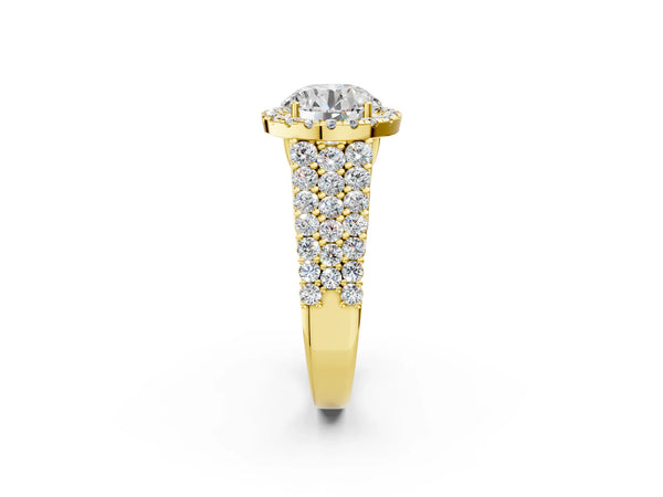 Yellow gold Round Halo Pavé Diamond Engagement Ring with Split Shank and Four-Prong Setting