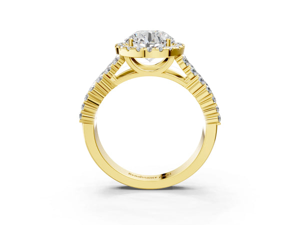 Yellow gold Round Halo Pavé Diamond Engagement Ring with Split Shank and Four-Prong Setting