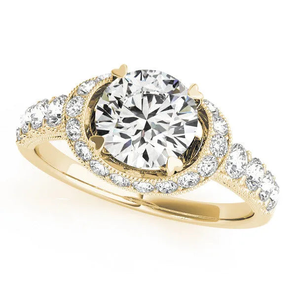 Yellow gold Round Halo Pavé Split Shank Heart Prong Ring
