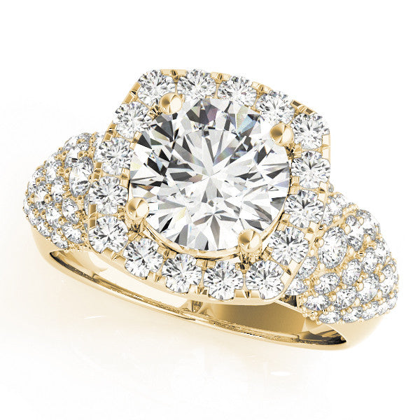 Yellow gold Round Halo Pave Diamond Engagement Ring with Four-Prong Setting