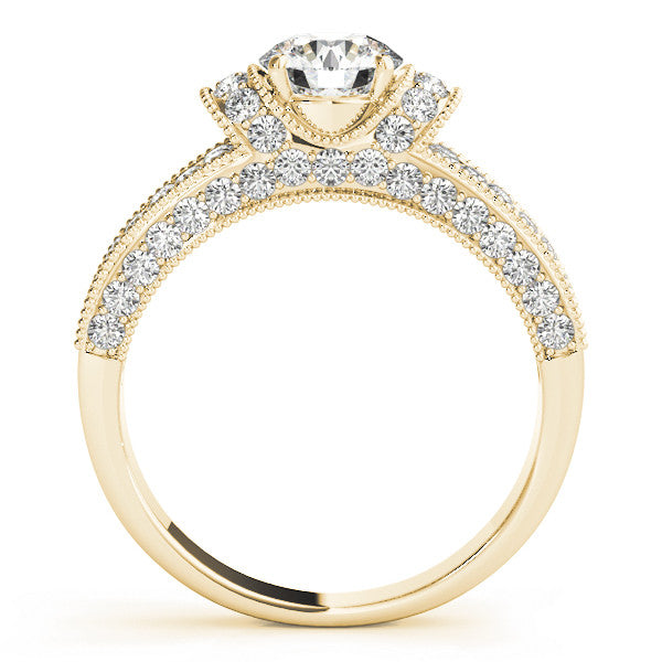 Yellow gold Round Halo Pave Diamond Engagement Ring with Milgrain Detailing 2