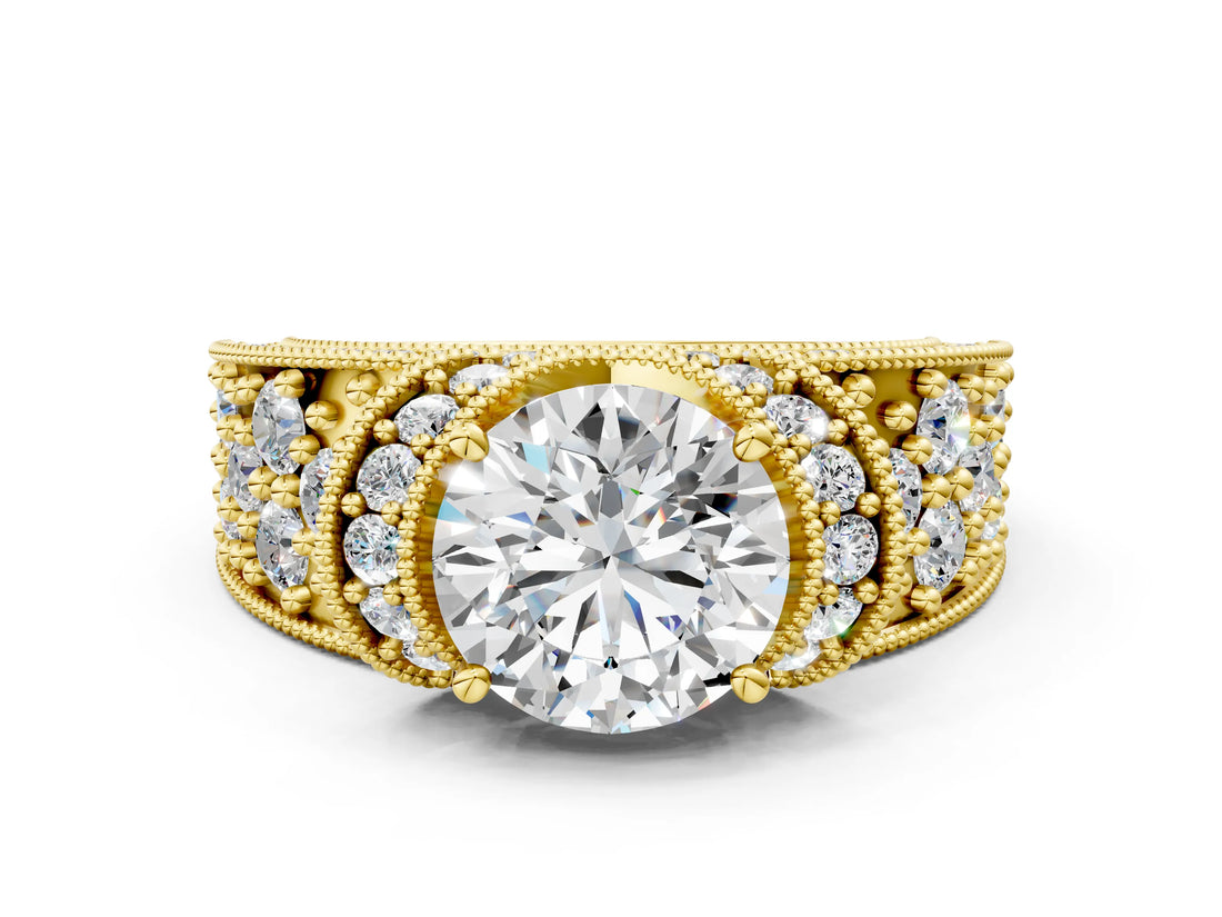Yellow gold Round Halo Pave Diamond Engagement Ring with Milgrain Detailing_53