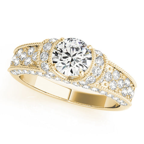 Yellow gold Round Halo Pave Diamond Engagement Ring with Milgrain Detailing
