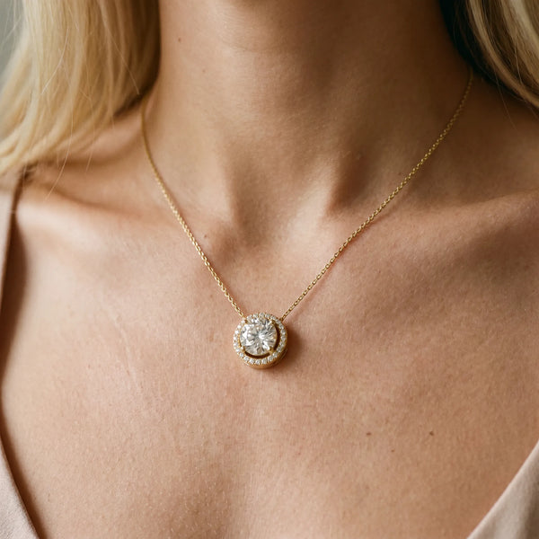 Yellow gold Round Halo Prong Set Pendant