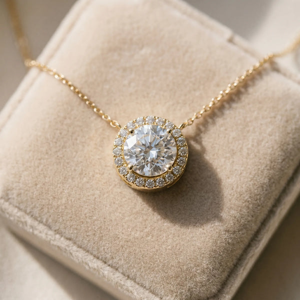Yellow gold Round Halo Prong Set Pendant