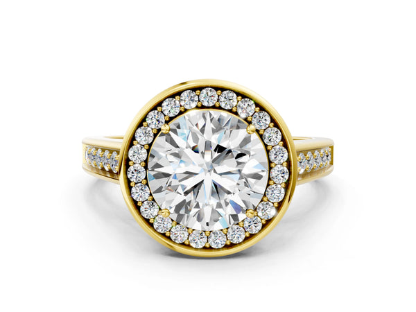 Yellow gold Round Halo Solitaire Diamond Ring with Pave Band and Bezel Setting