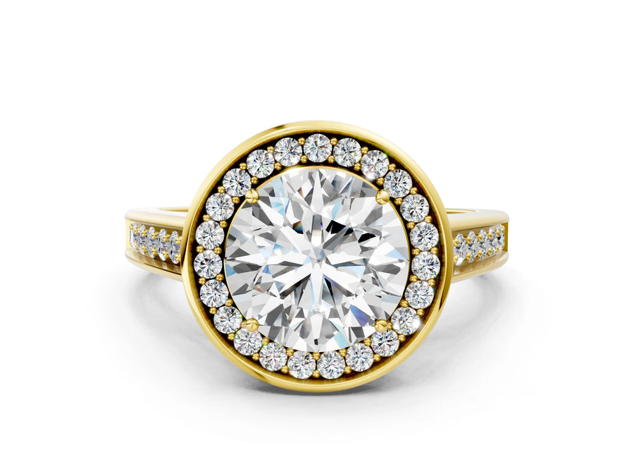 Yellow gold Round Halo Solitaire Diamond Ring with Pave Band and Bezel Setting