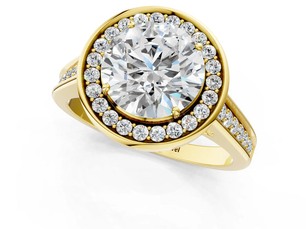 Yellow gold Round Halo Solitaire Diamond Ring with Pave Band and Bezel Setting