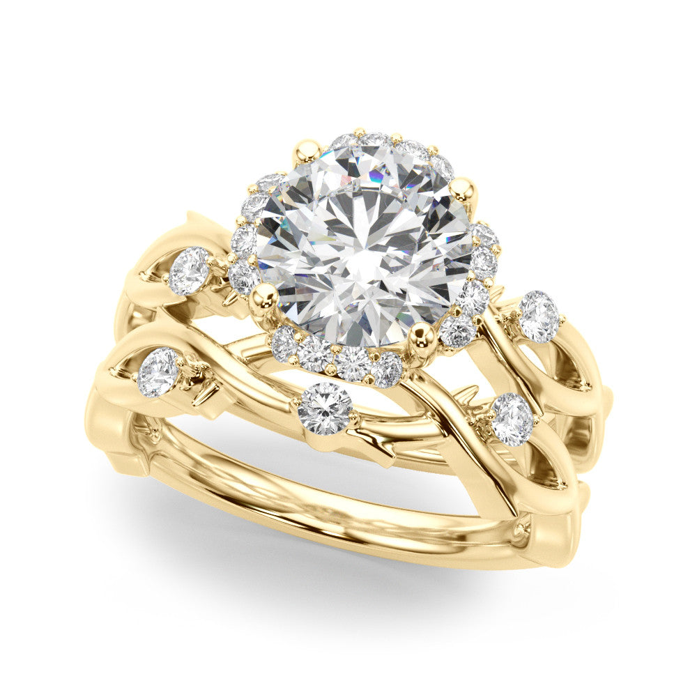 Yellow gold Round Halo Solitaire Diamond Ring with Twisted Band and Four-Prong Setting 1