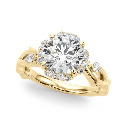 Yellow gold Round Halo Solitaire Diamond Ring with Twisted Band and Four-Prong Setting