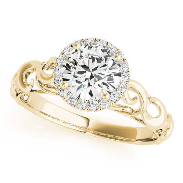 Yellow gold Round Halo Solitaire with Scrollwork Band and Four-Prong Setting