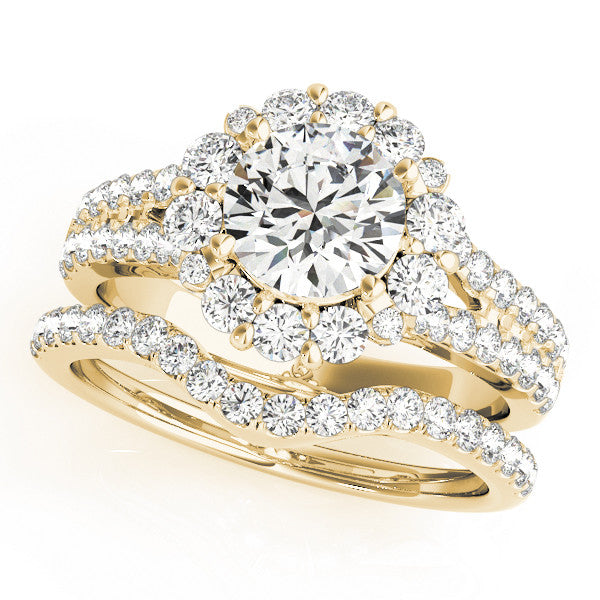 Yellow gold Round Halo Split Shank Diamond Engagement Ring with Pave Band and Four-Prong Setting 1