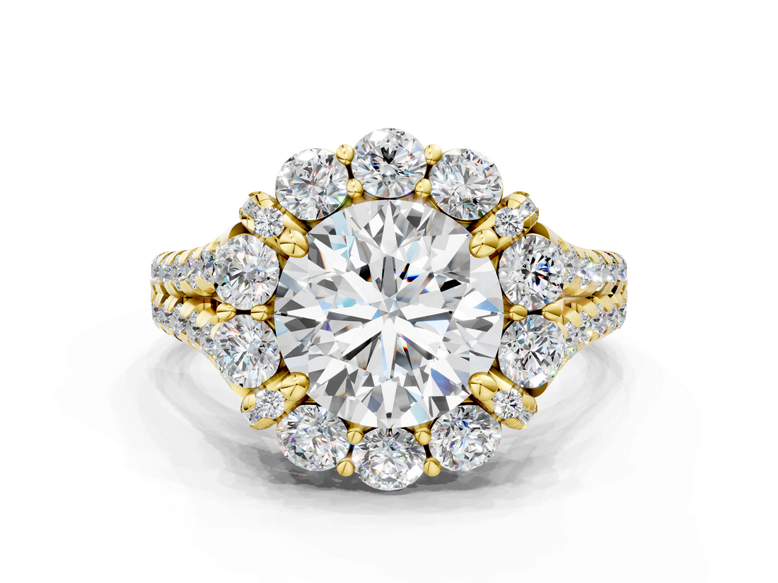 Yellow gold Round Halo Split Shank Diamond Engagement Ring with Pave Band and Four-Prong Setting_58