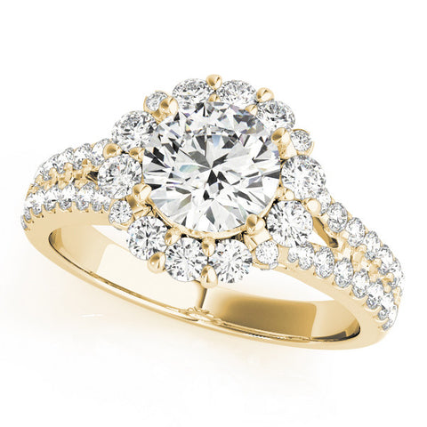 Yellow gold Round Halo Split Shank Diamond Engagement Ring with Pave Band and Four-Prong Setting
