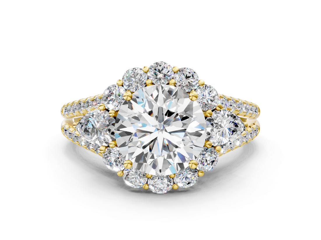 Yellow gold Round Halo Split Shank Diamond Engagement Ring with Prong Setting_24