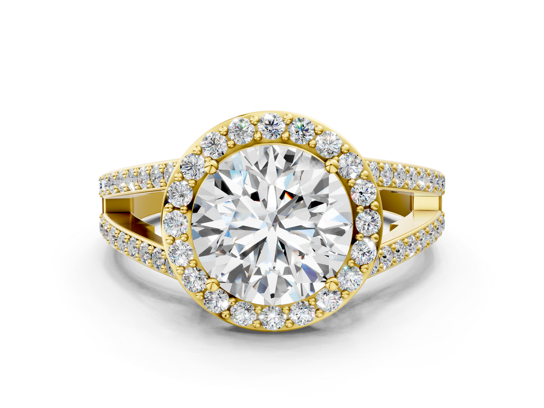 Yellow gold Round Halo Split Shank Diamond Ring with Four-Prong Setting_36