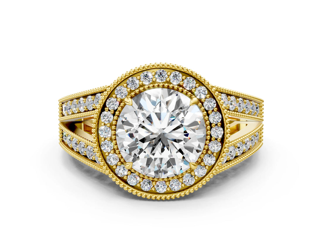 Yellow gold Round Halo Split Shank Diamond Ring with Milgrain Prong Setting_6