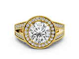 Yellow gold Round Halo Split Shank Diamond Ring with Milgrain Prong Setting_6