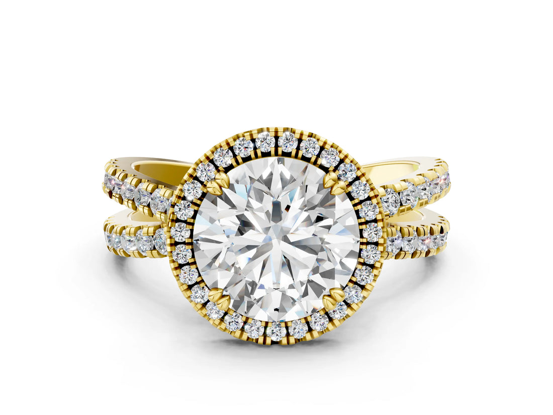 Yellow gold Round Halo Split Shank Diamond Ring with Pavé Setting_29