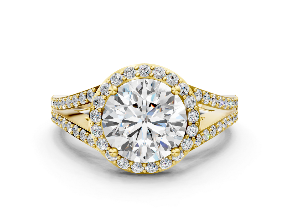 Yellow gold Round Halo Split Shank Diamond Ring with Prong Setting_20