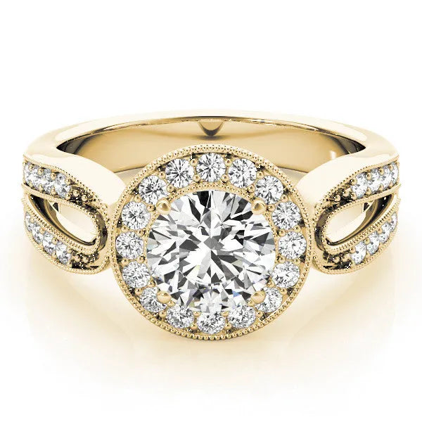 Yellow gold Round Halo Split Shank Milgrain Diamond Ring