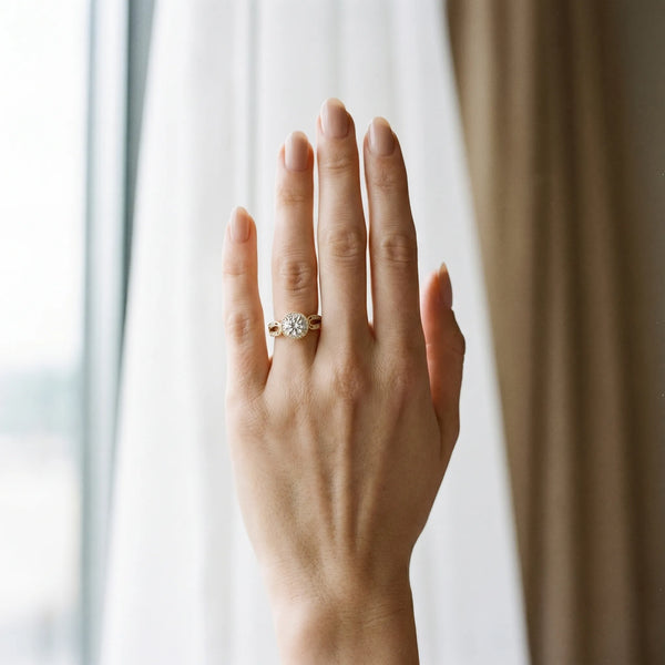 Yellow gold Round Halo Split Shank Milgrain Diamond Ring