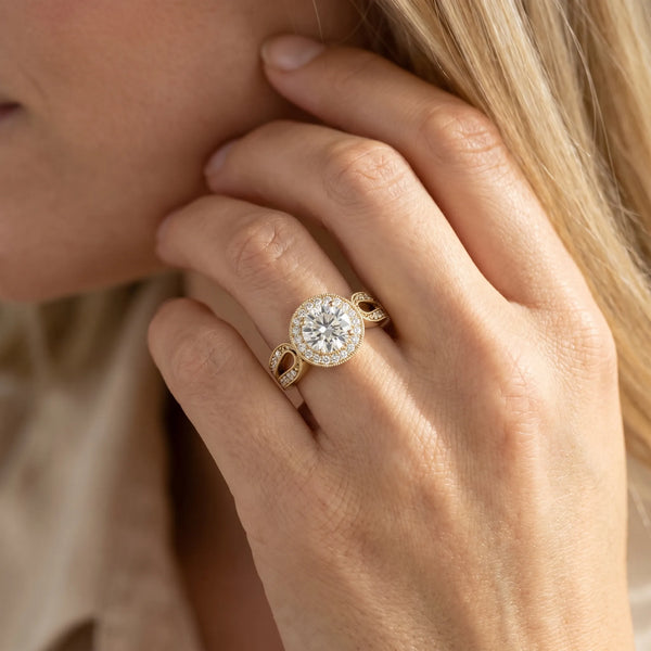 Yellow gold Round Halo Split Shank Milgrain Diamond Ring
