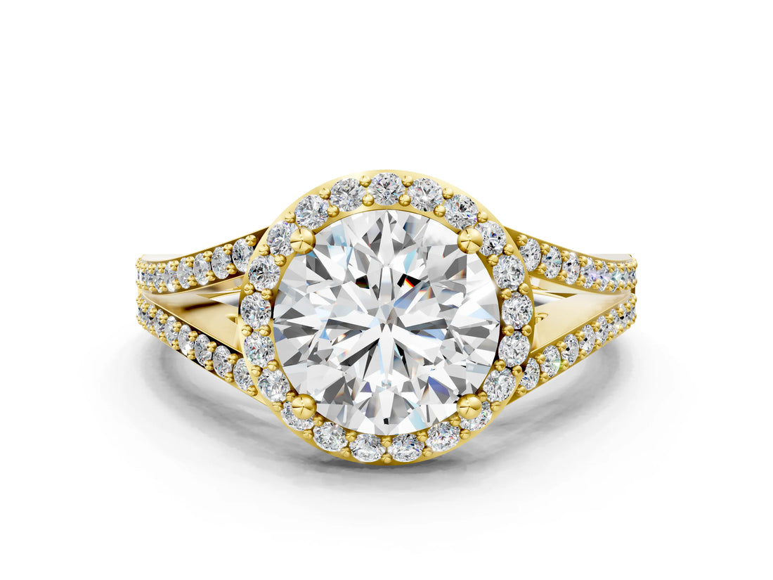 Yellow gold Round Halo Split Shank Pave Diamond Ring with Four-Prong Setting_49