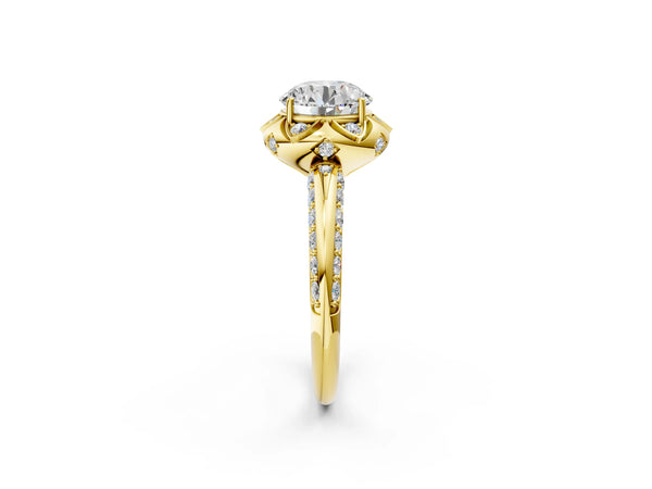 Yellow Gold Round Petal Head Floral Halo Engagement Ring Setting