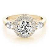 Yellow gold Round Halo Three-Stone Diamond Ring with Pear Side Stones and Four-Prong Setting 1