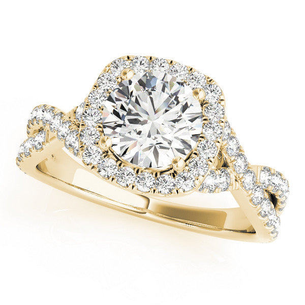 Yellow gold Round Halo Twist Band Diamond Engagement Ring with Prong Setting