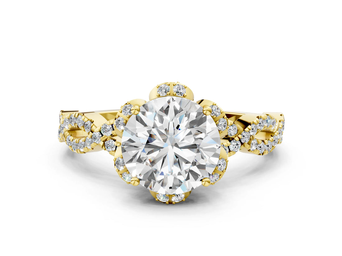 Yellow gold Round Halo Twist Band Solitaire Ring with Six-Prong Setting_7