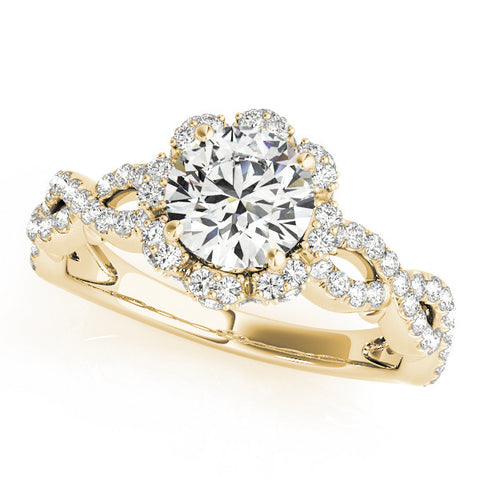 Yellow gold Round Halo Twist Band Solitaire Ring with Six-Prong Setting