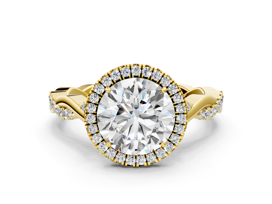Yellow gold Round Halo Twist Band Solitaire Ring_19