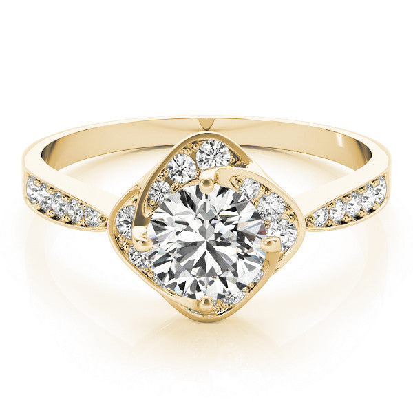 Yellow gold Round Halo Twist Diamond Engagement Ring with Pavé Band and Four-Prong Setting 1