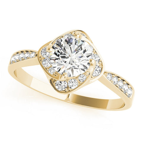 Yellow gold Round Halo Twist Diamond Engagement Ring with Pavé Band and Four-Prong Setting
