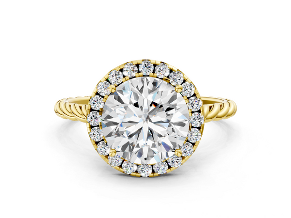 Yellow gold Round Halo Twisted Band Four-Prong Diamond Ring
