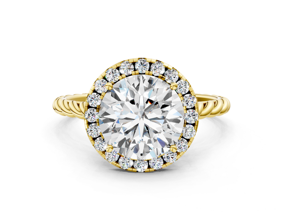Yellow gold Round Halo Twisted Band Four-Prong Diamond Ring