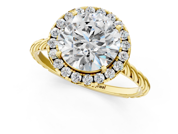 Yellow gold Round Halo Twisted Band Four-Prong Diamond Ring