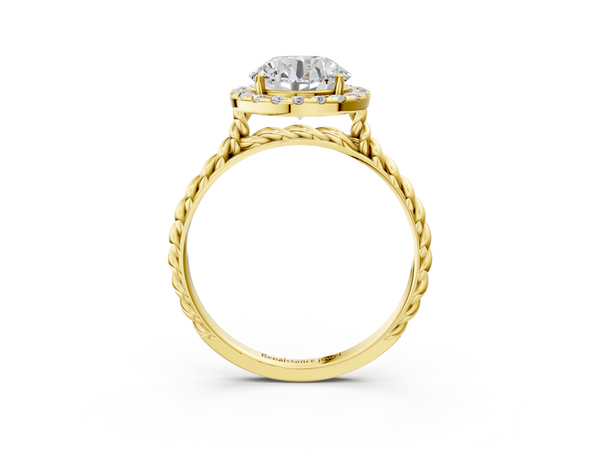 Yellow gold Round Halo Twisted Band Four-Prong Diamond Ring
