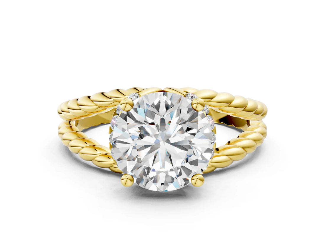Yellow gold Round Halo Twisted Band Four-Prong Ring_53