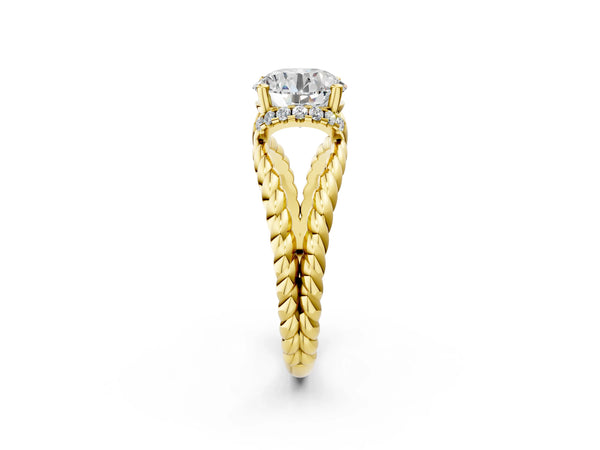 Yellow Gold Round Engagement Ring Setting with Twisted Rope Split Shank and Accented Head