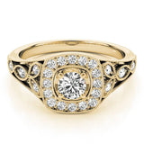Yellow gold Round Halo Vintage-Inspired Split Shank Ring with Milgrain Detailing 1