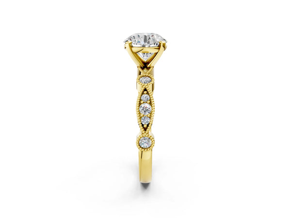 Yellow Gold Round Vintage Solitaire Engagement Ring Setting with Milgrain Bezel Accent Band