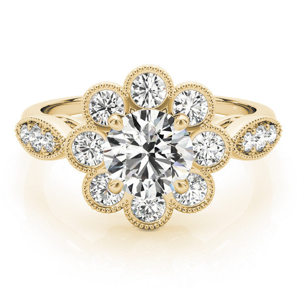 Yellow gold Round Milgrain Halo Floral Diamond Ring with Split Shank and Four-Prong Setting 1