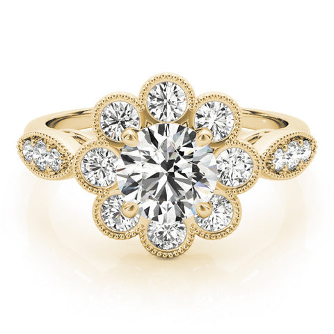 Yellow gold Round Milgrain Halo Floral Diamond Ring with Split Shank and Four-Prong Setting 1