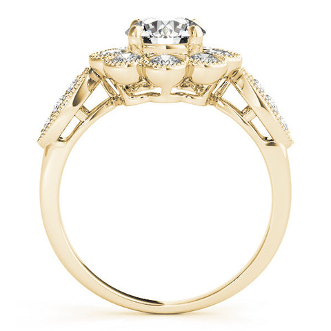 Yellow gold Round Milgrain Halo Floral Diamond Ring with Split Shank and Four-Prong Setting 2