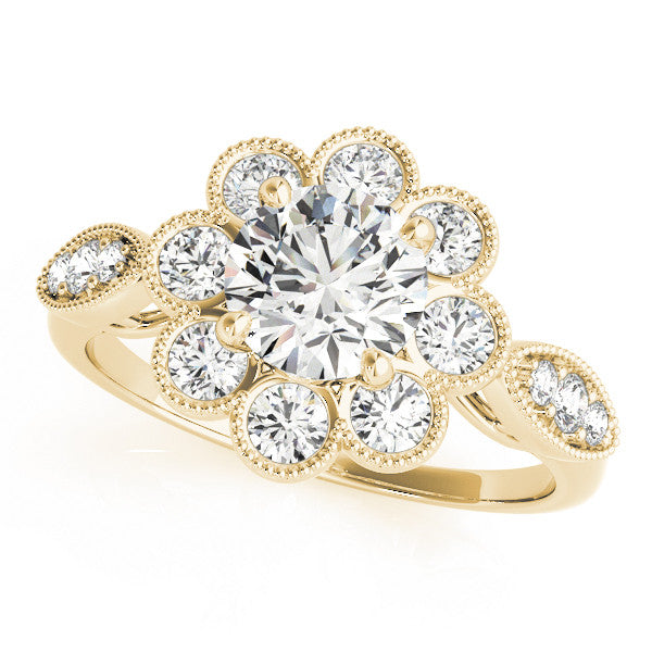 Yellow gold Round Milgrain Halo Floral Diamond Ring with Split Shank and Four-Prong Setting