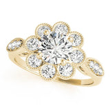 Yellow gold Round Milgrain Halo Floral Diamond Ring with Split Shank and Four-Prong Setting
