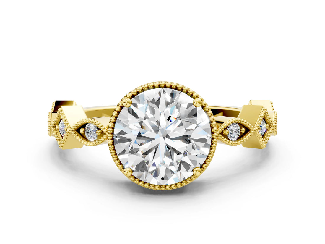 Yellow gold Round Milgrain Marquise Diamond Twist Band Ring_38